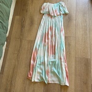 Maxi Off-Shoulder Tie-Dye Dress in Coral & Aqua